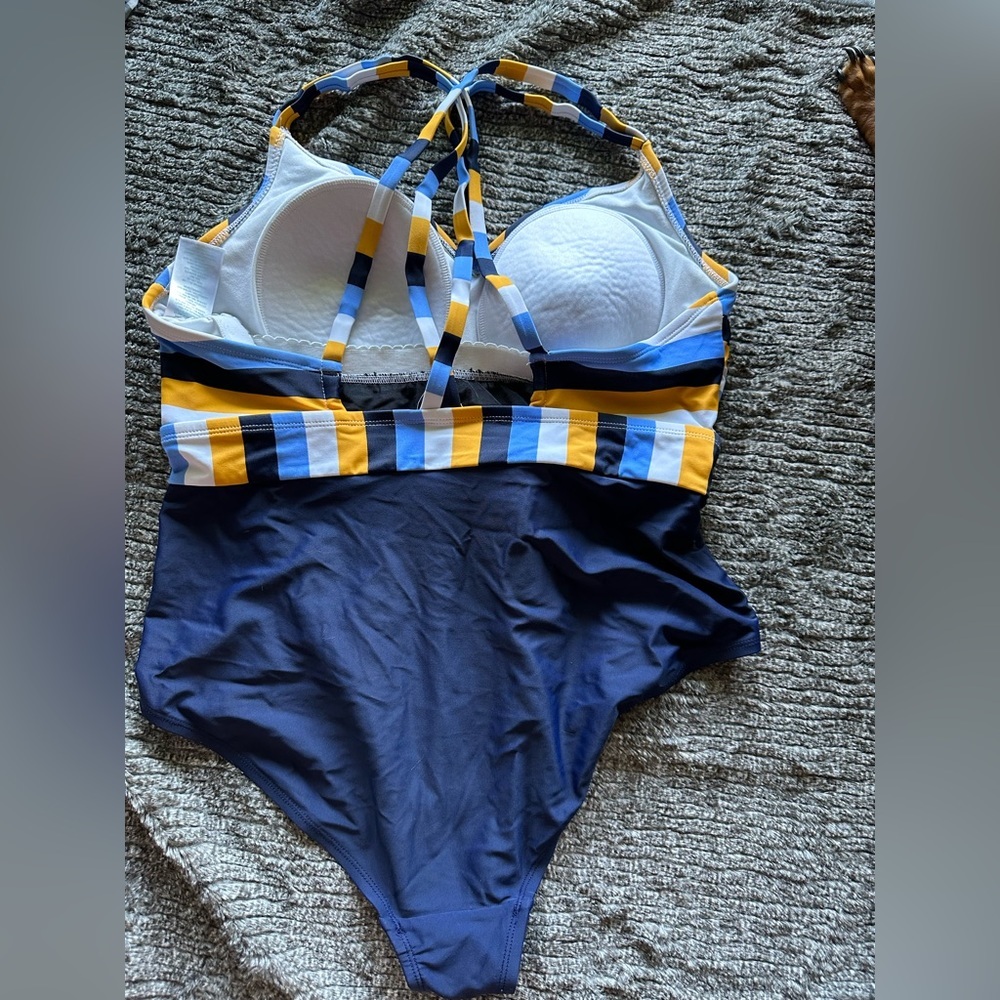 Kona Sol Navy, Yellow & Light Blue Striped One-Piece Swimsuit - Picture 4 of 4